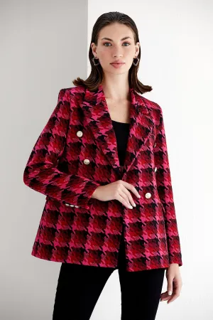 Fuchsia Pink Check Tweed Double Breasted Blazer