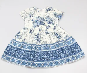 Girls All Over Print Blue Floral Dress (3-8 Years0)-GF5108