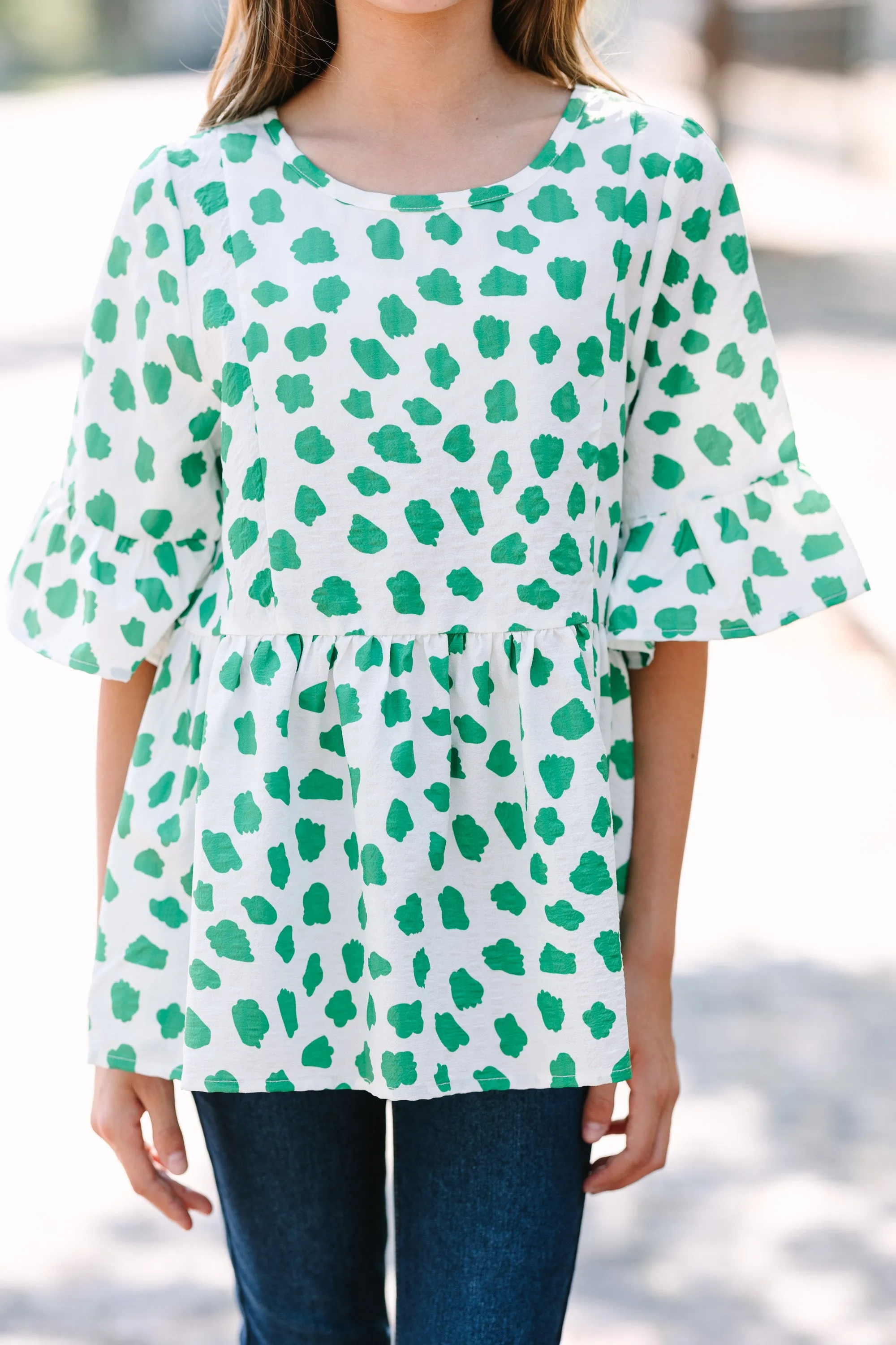 Girls: Lucky In Love Kelly Green Spotted Blouse