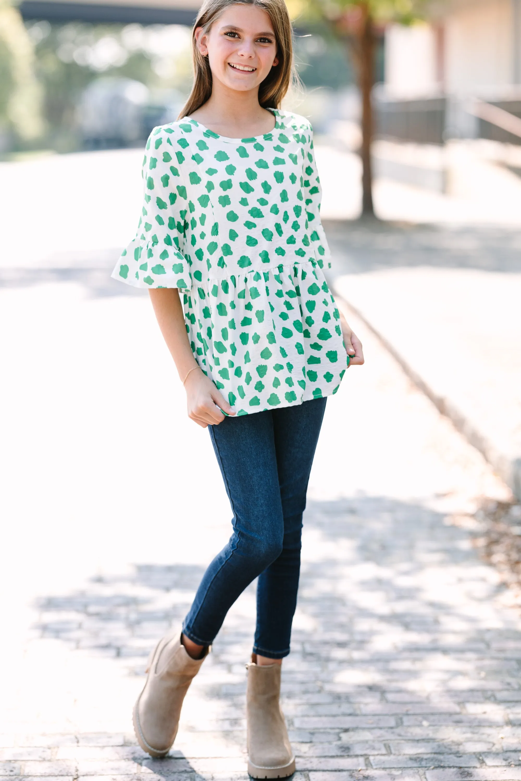 Girls: Lucky In Love Kelly Green Spotted Blouse