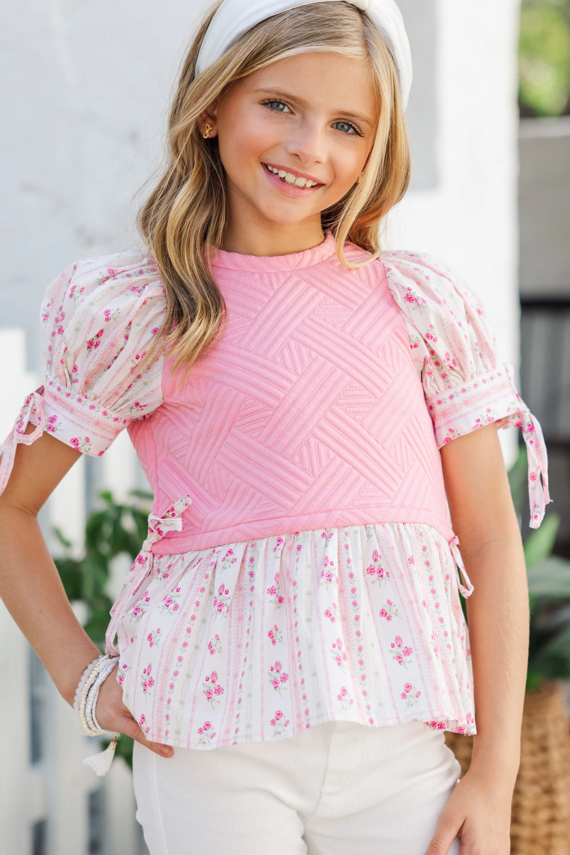 Girls: On Your Way Pink Floral Striped Blouse