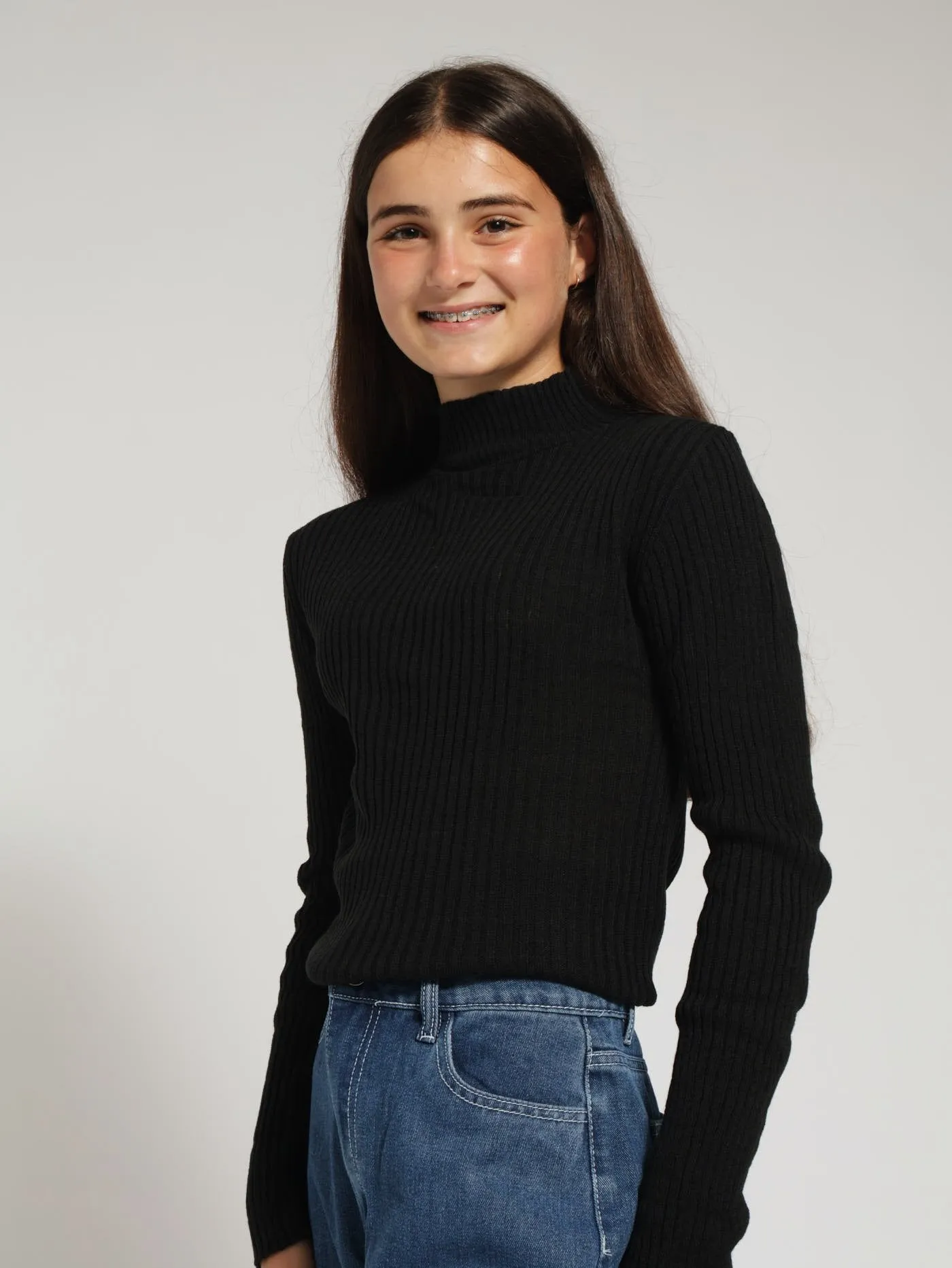 Girls Ribbed Turtleneck - Black