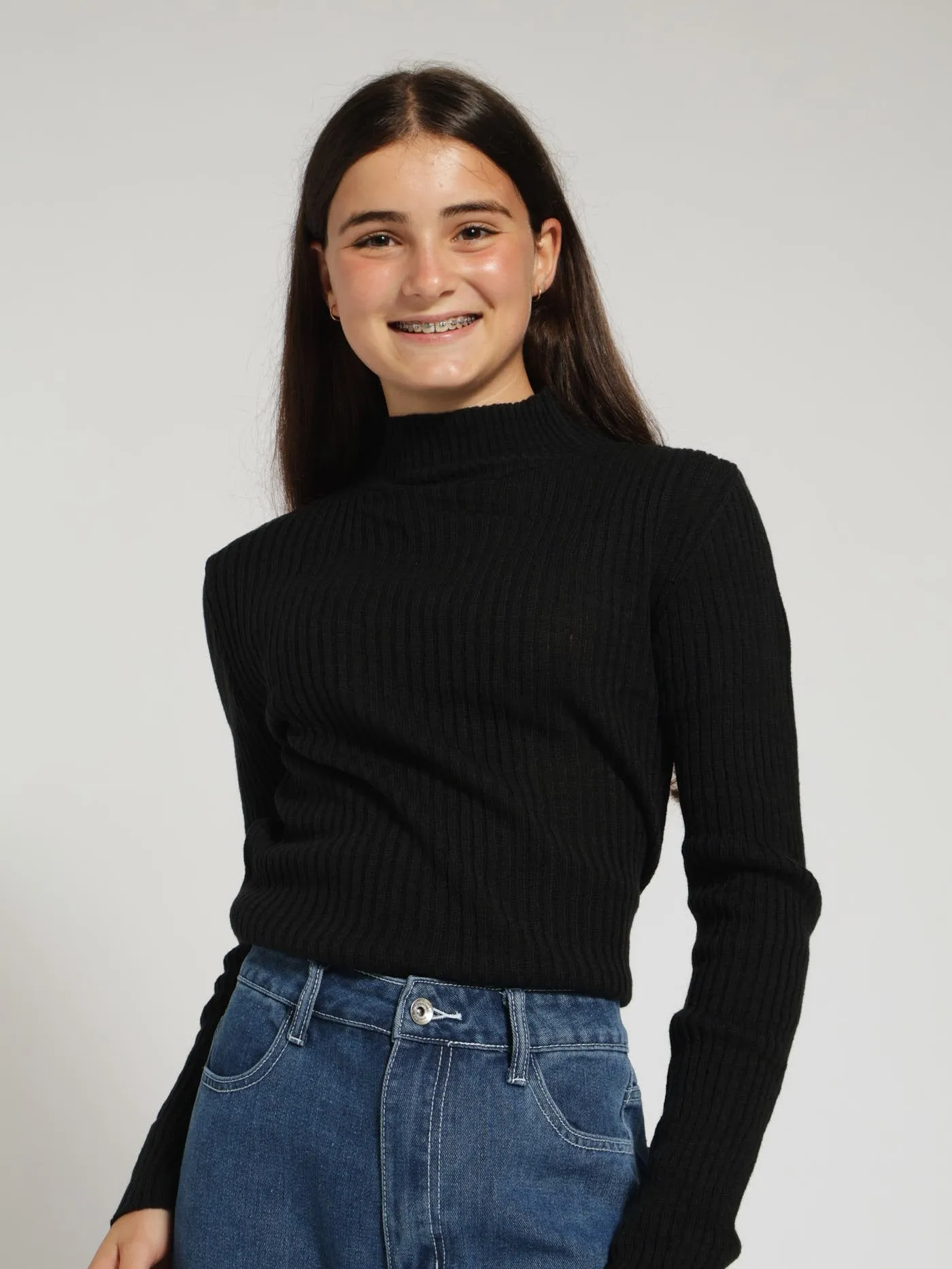 Girls Ribbed Turtleneck - Black