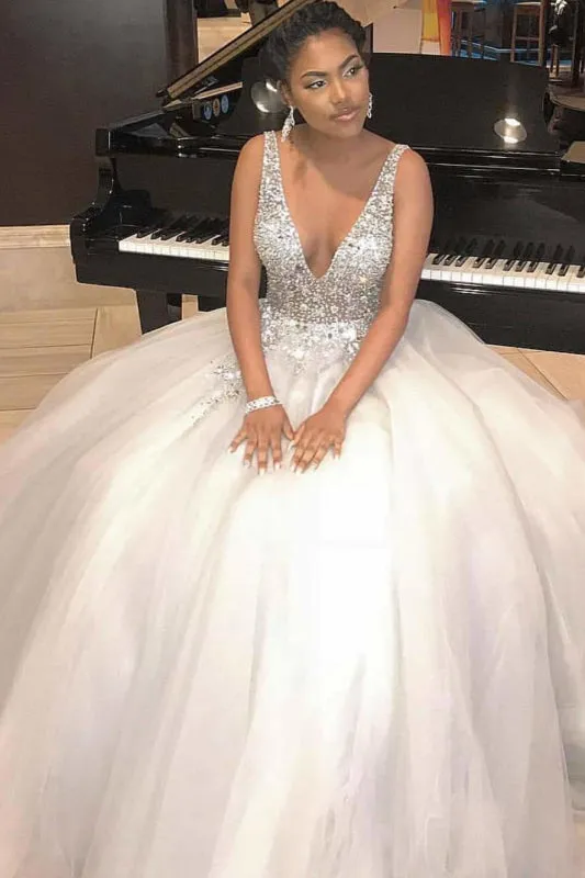 Gorgeous Spaghetti Strap Rhinestone Sleeveless Ball Gown Prom Dresses