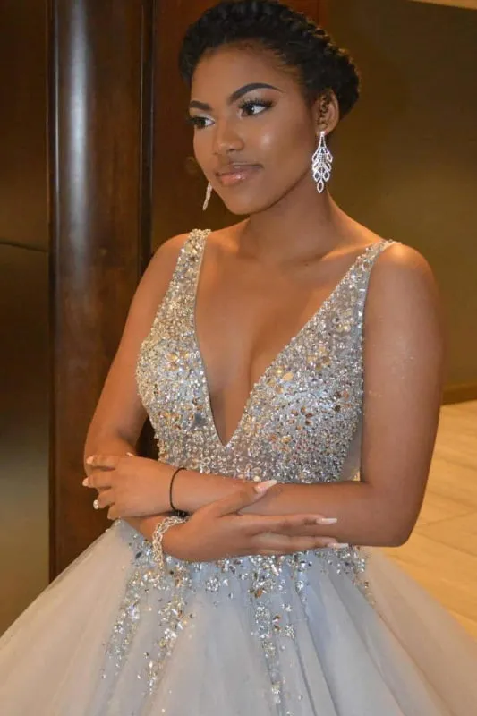 Gorgeous Spaghetti Strap Rhinestone Sleeveless Ball Gown Prom Dresses
