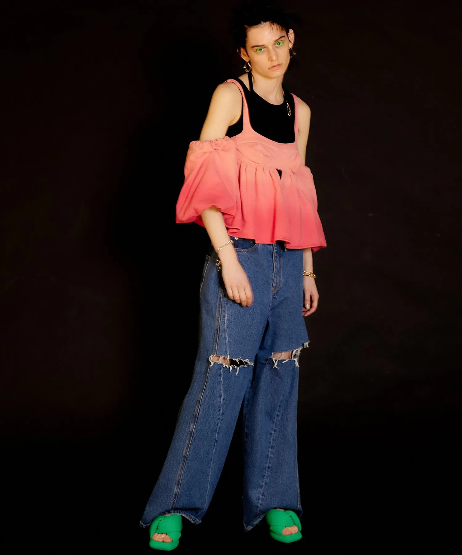 Gradation Sweat Puff Sleeve Peplum Top
