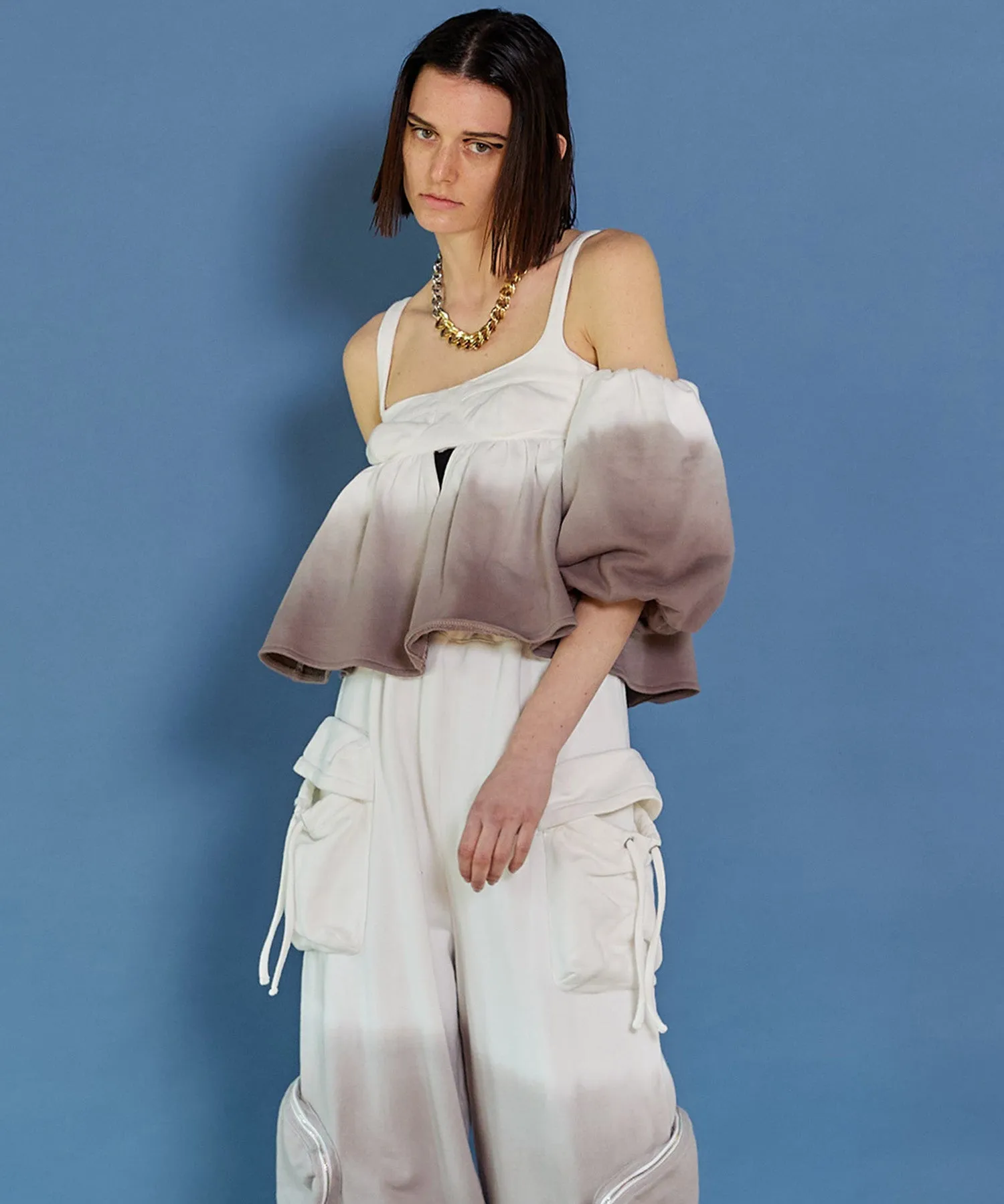 Gradation Sweat Puff Sleeve Peplum Top