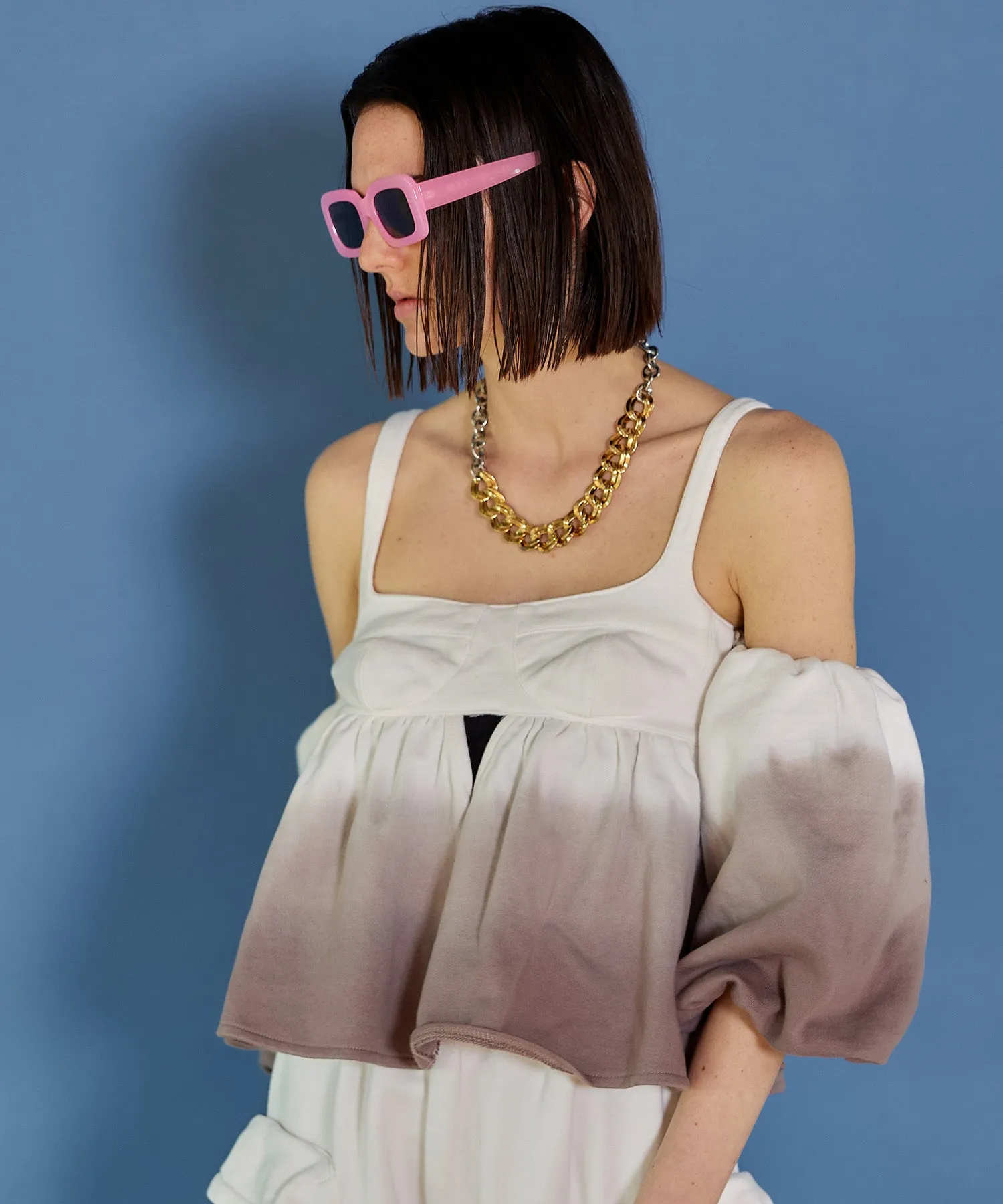 Gradation Sweat Puff Sleeve Peplum Top