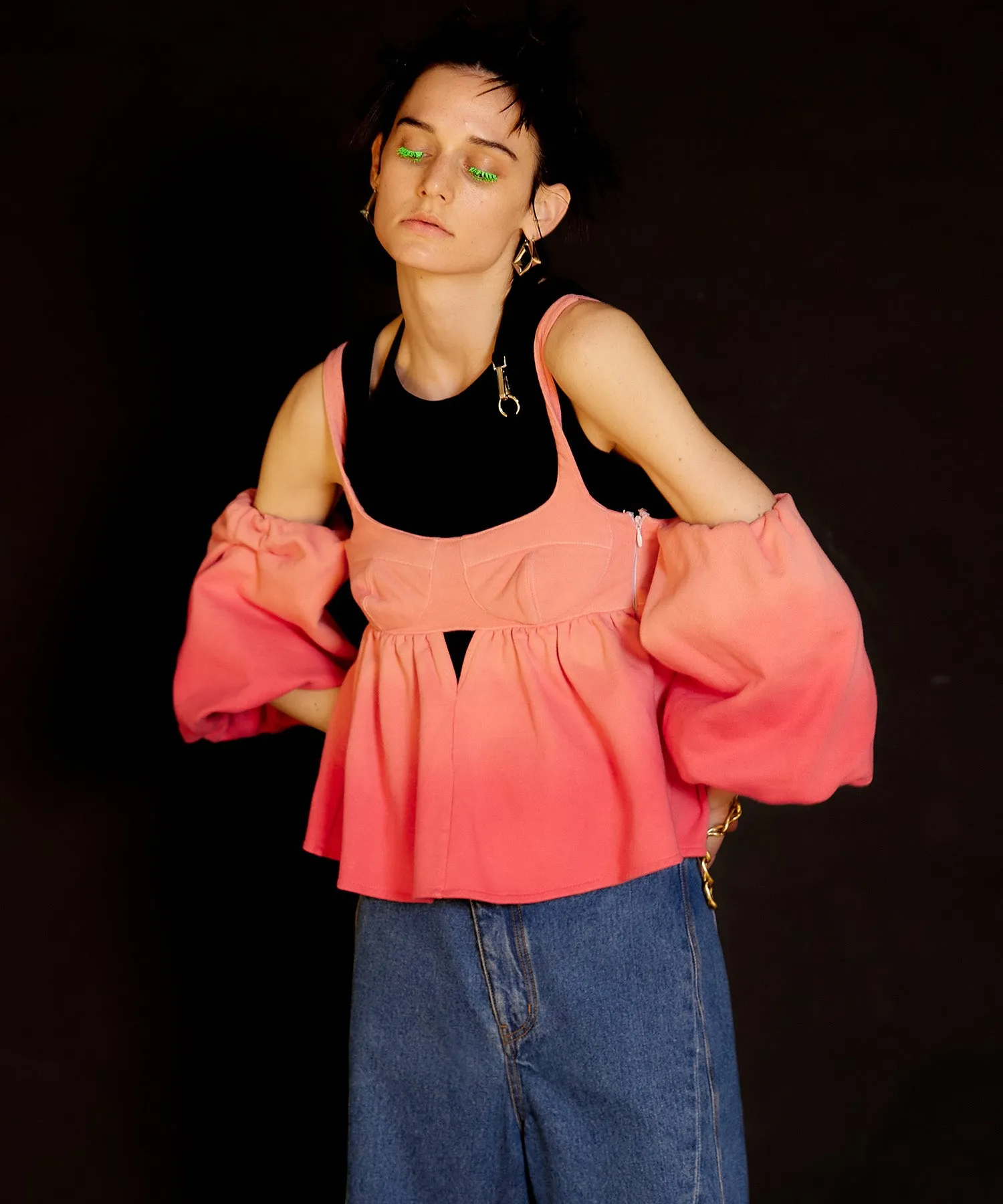Gradation Sweat Puff Sleeve Peplum Top