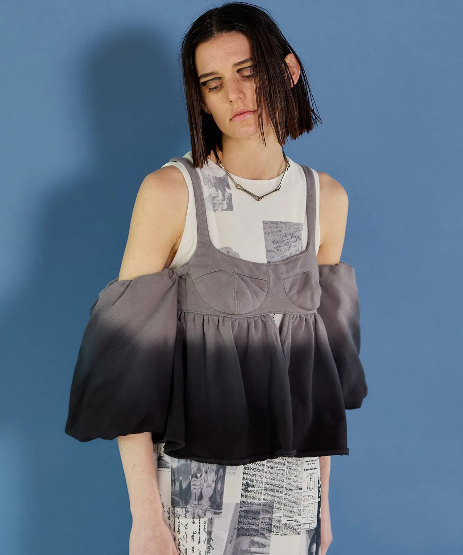 Gradation Sweat Puff Sleeve Peplum Top