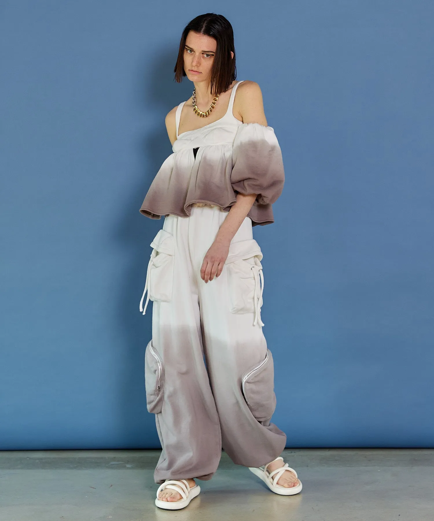 Gradation Sweat Puff Sleeve Peplum Top