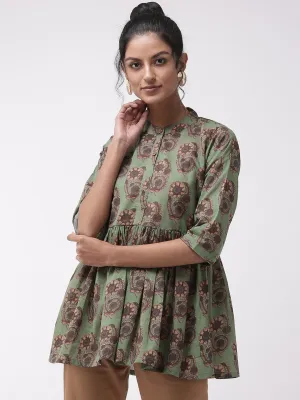 Green Print Peplum Top