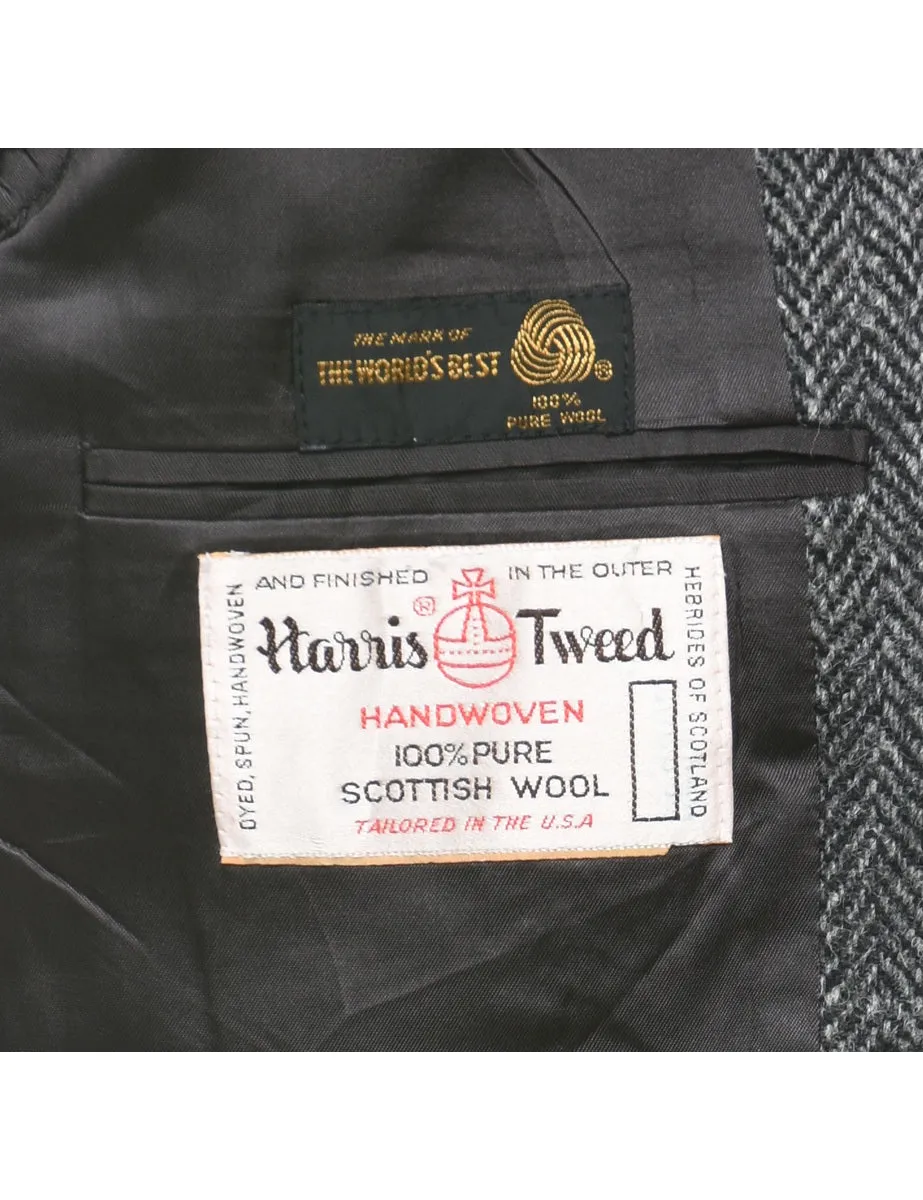 Herringbone Grey Harris Tweed Wool Blazer - M