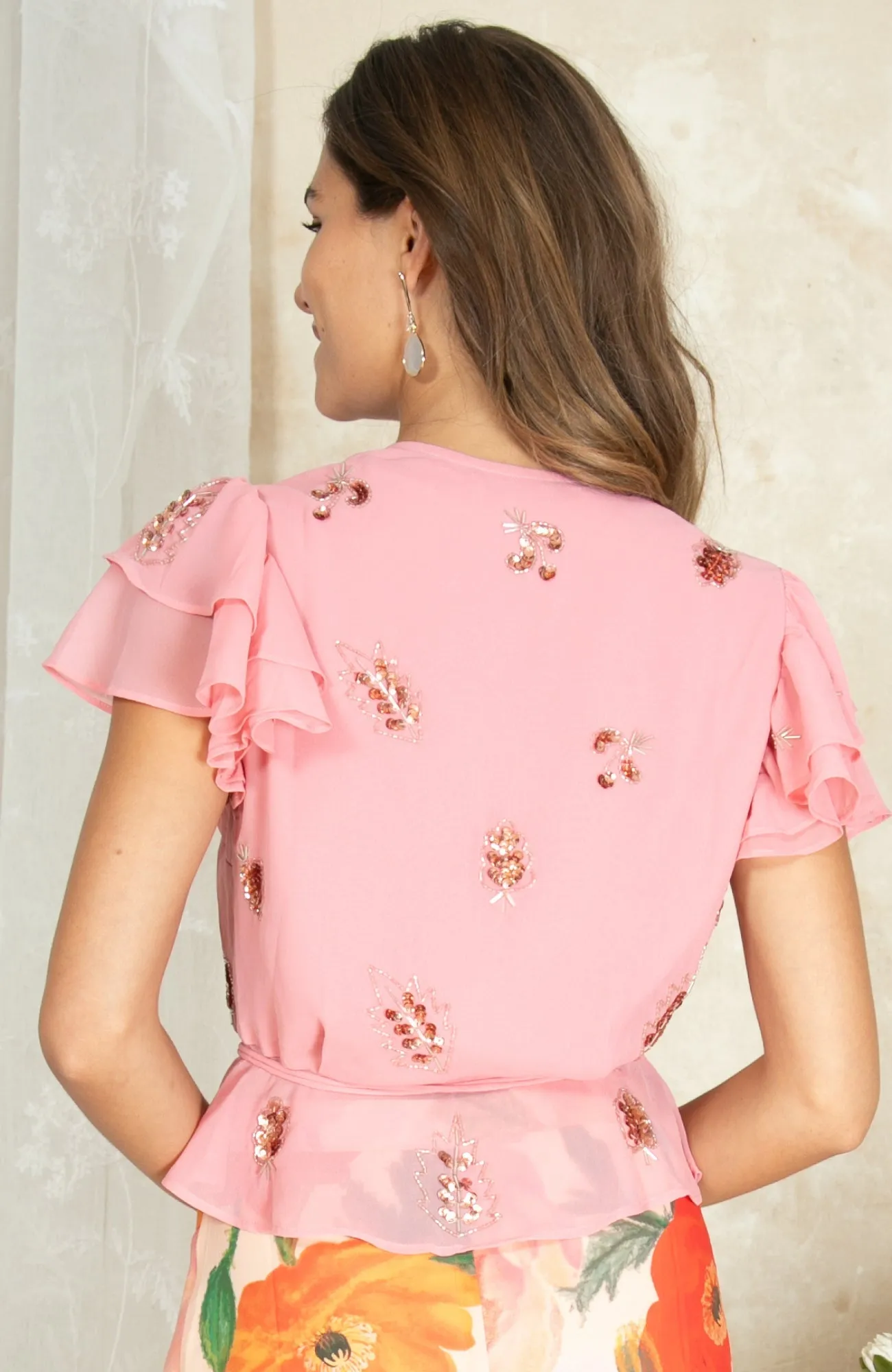 Hope & Ivy The Olga Embellished Wrap Top With Flutter Sleeve