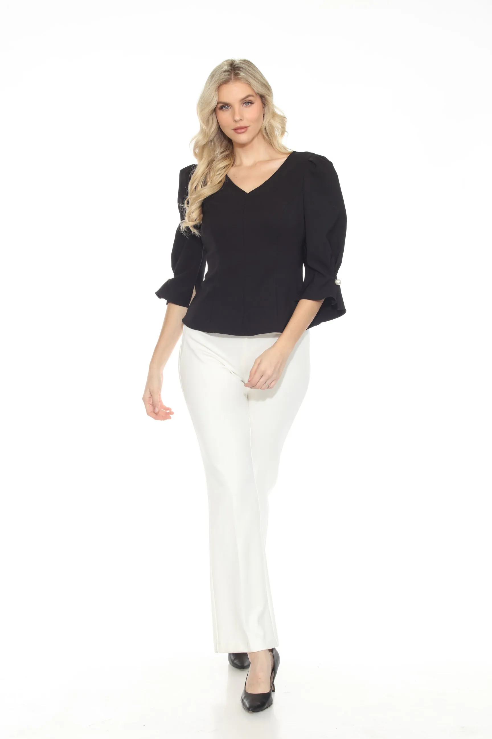 Joseph Ribkoff Black Pearl Puff Sleeve V-Neck Twill Peplum Top 243172