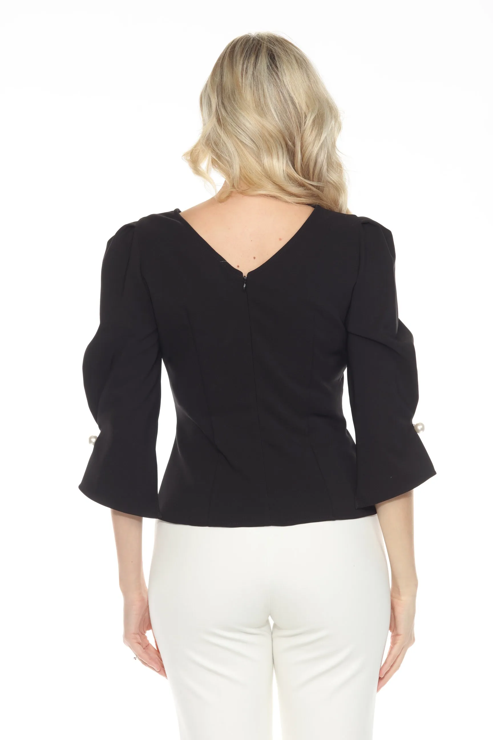 Joseph Ribkoff Black Pearl Puff Sleeve V-Neck Twill Peplum Top 243172