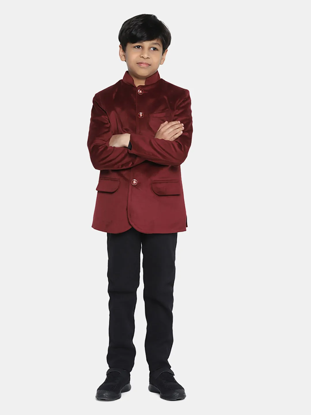 Kids Maroon Velvet Bandgala Blazer