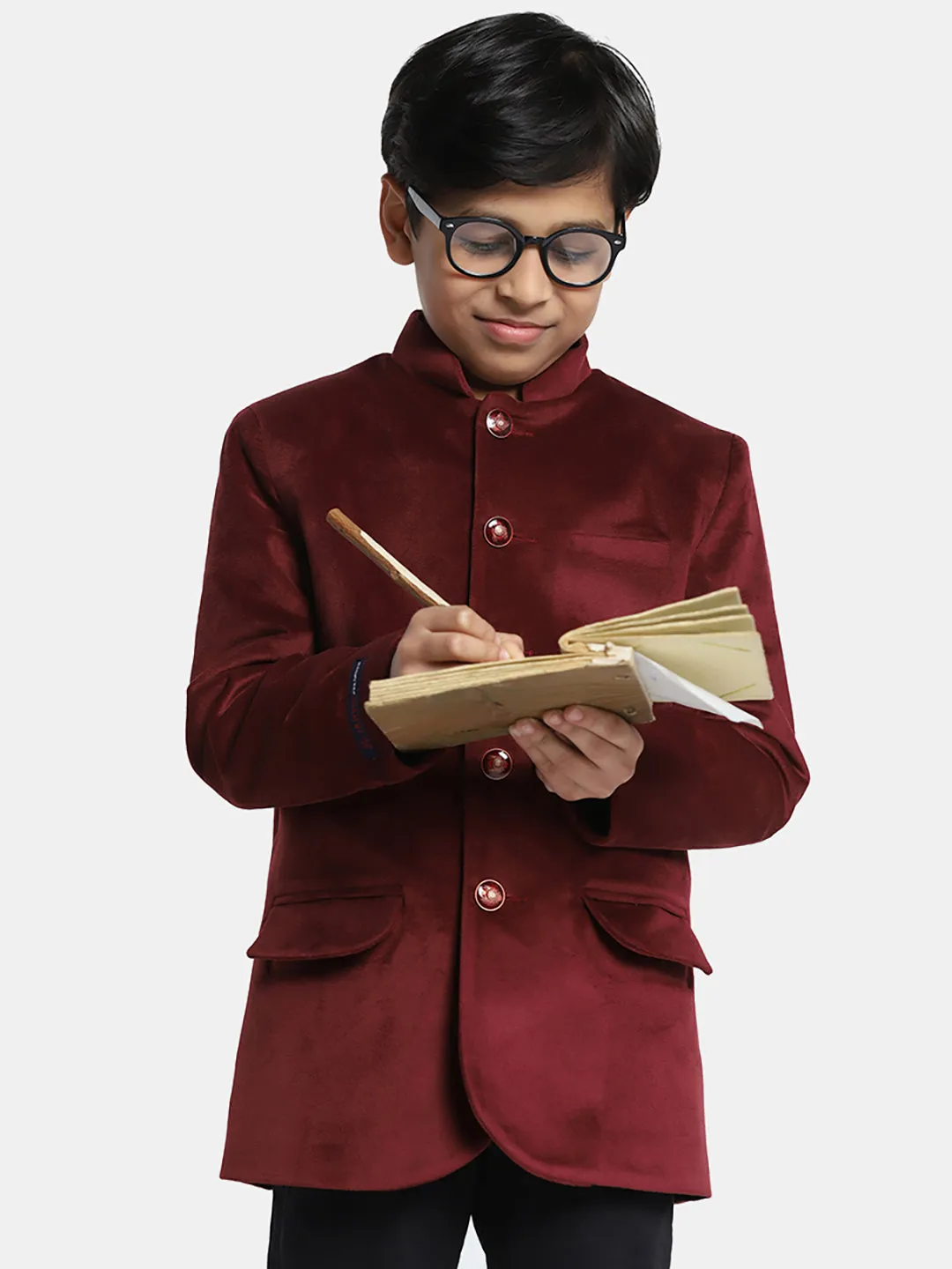 Kids Maroon Velvet Bandgala Blazer