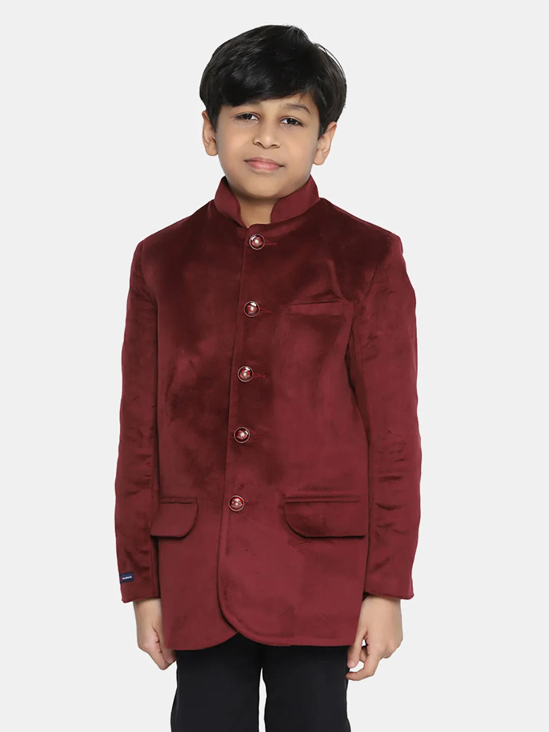 Kids Maroon Velvet Bandgala Blazer