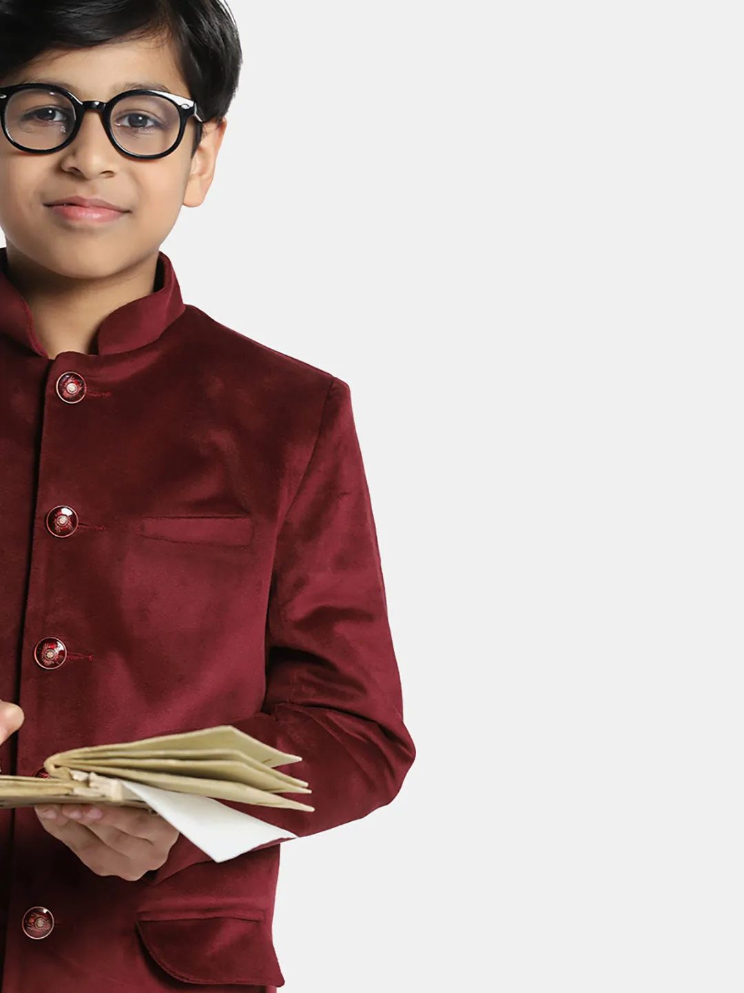 Kids Maroon Velvet Bandgala Blazer