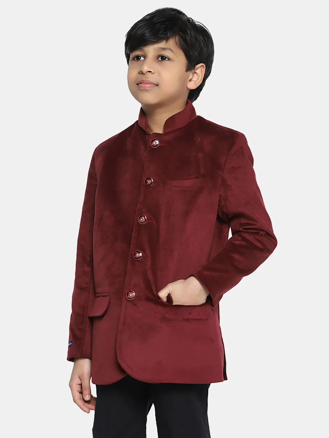 Kids Maroon Velvet Bandgala Blazer