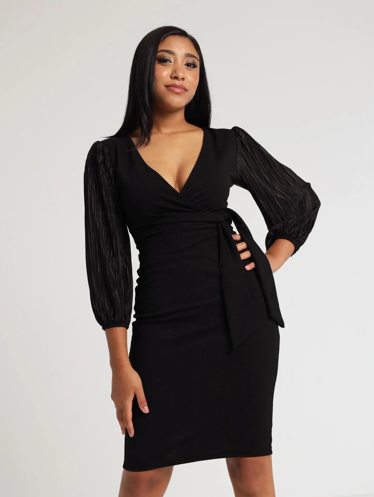 Ladies Bodre Sleeve Wrap Bodice Dress - Black
