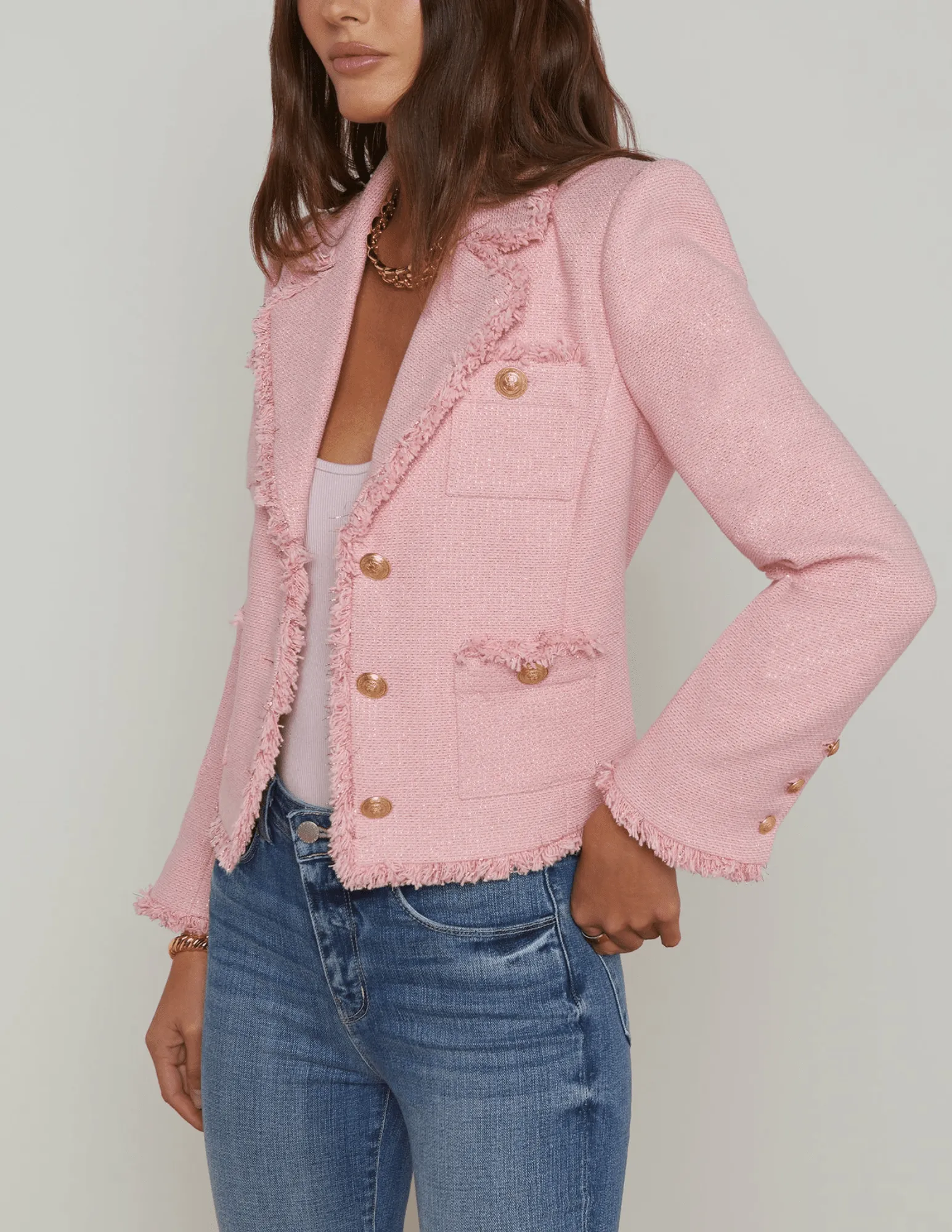 L'Agence Sylvia Collared Fringe Hem Jacket