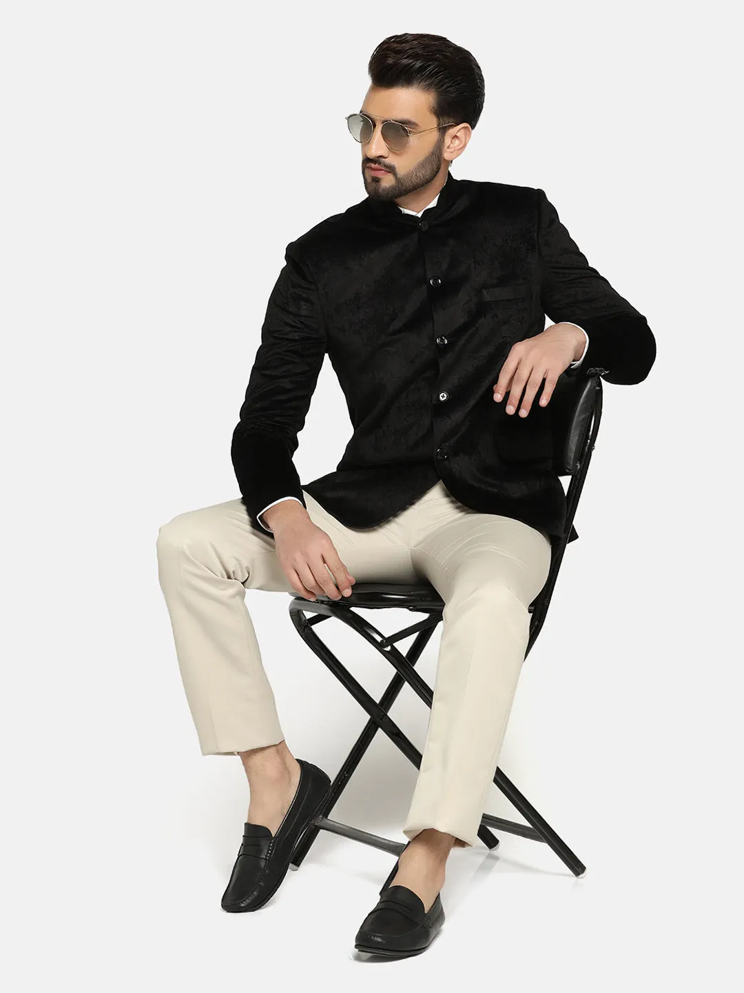 Men Velvet Black Bandhgala Blazer