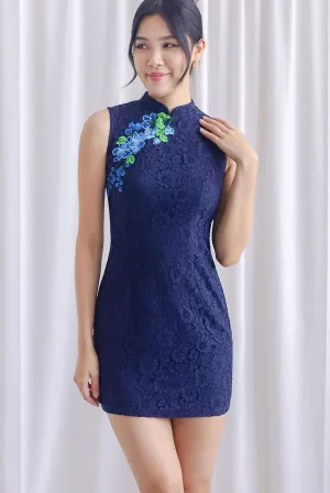 Omie Embro Floral Lace Cheongsam Dress In Navy Blue