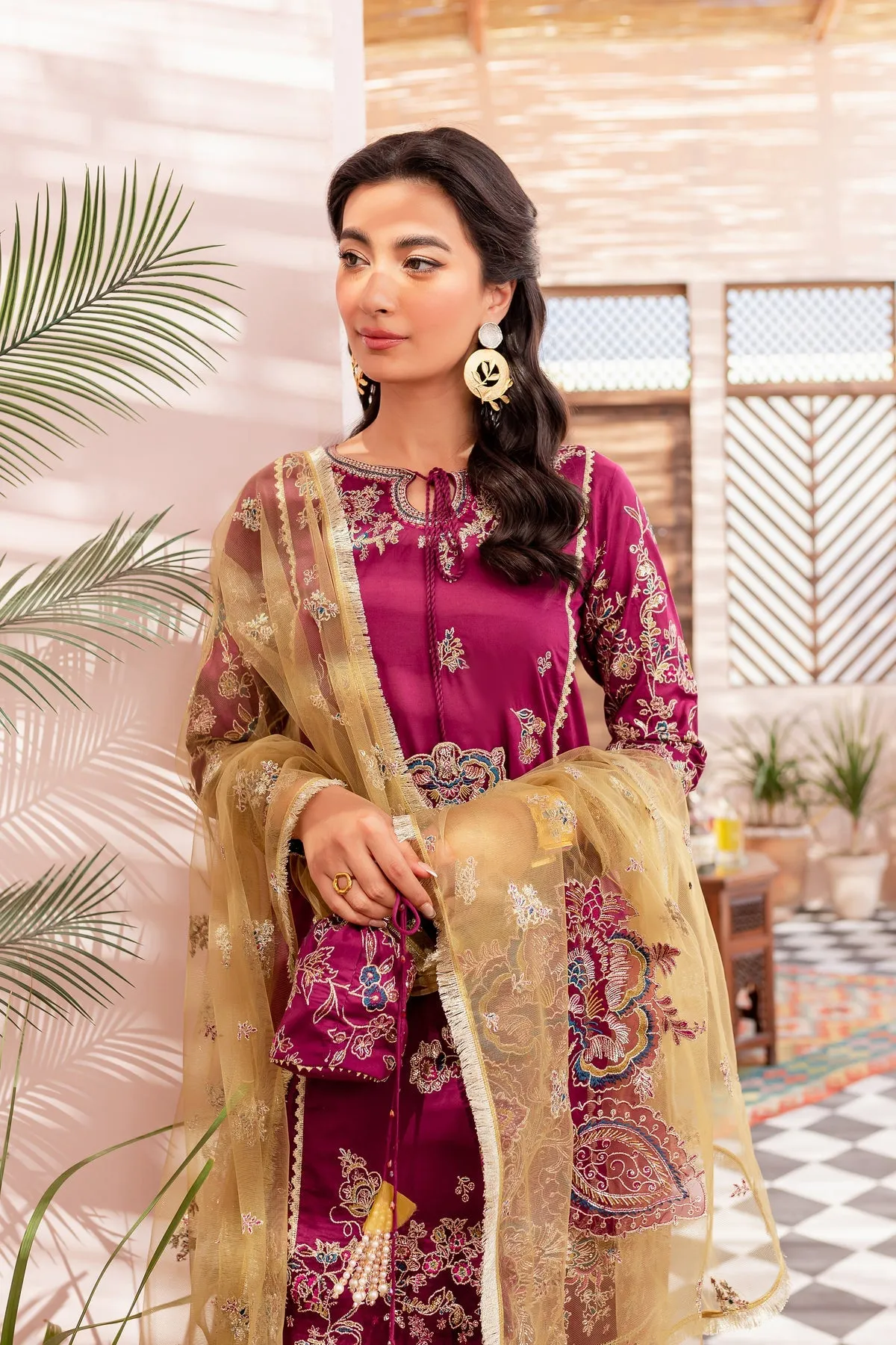 Pakistani Eid Dress in Magenta Kameez Sharara Style