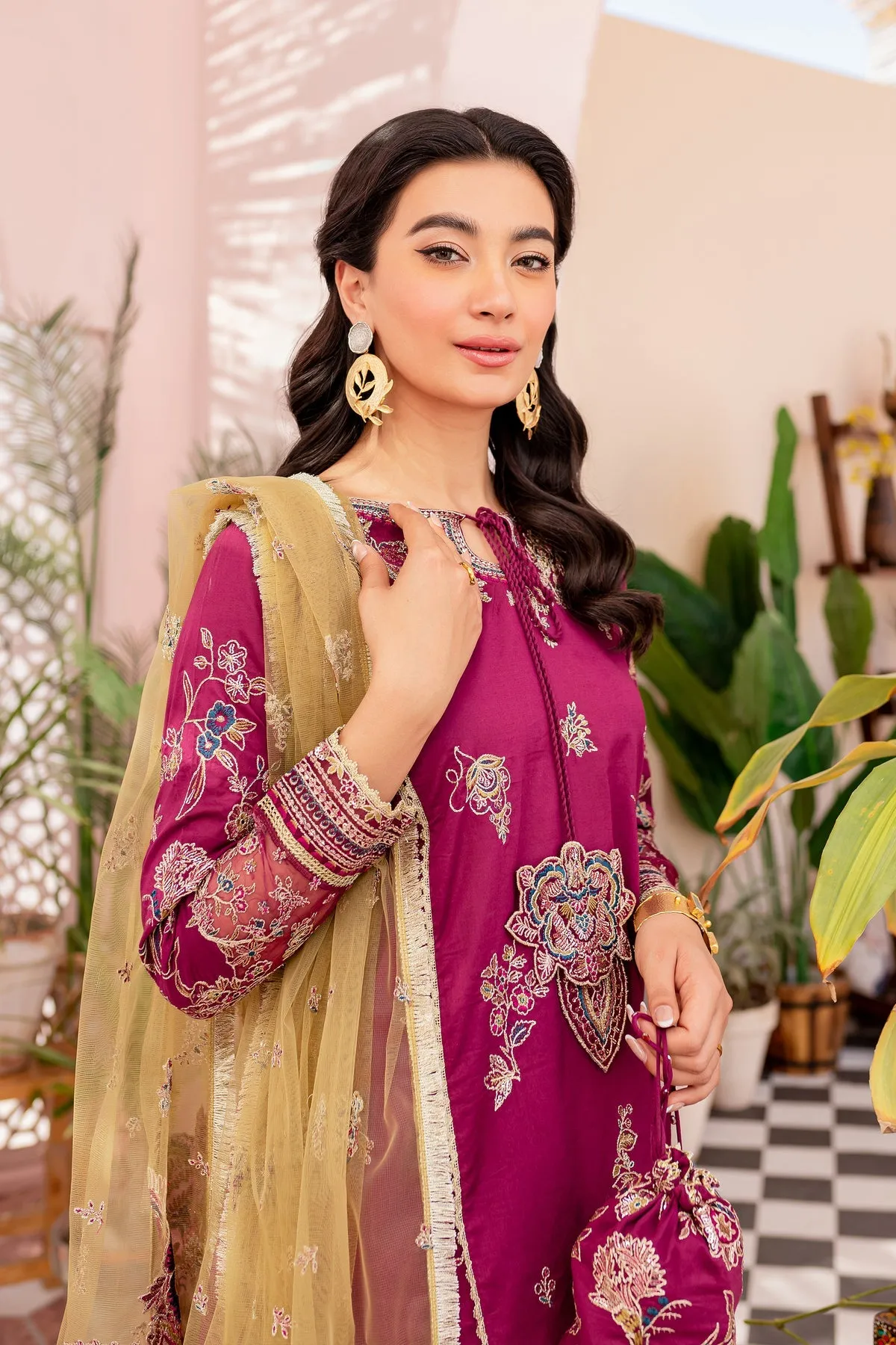 Pakistani Eid Dress in Magenta Kameez Sharara Style