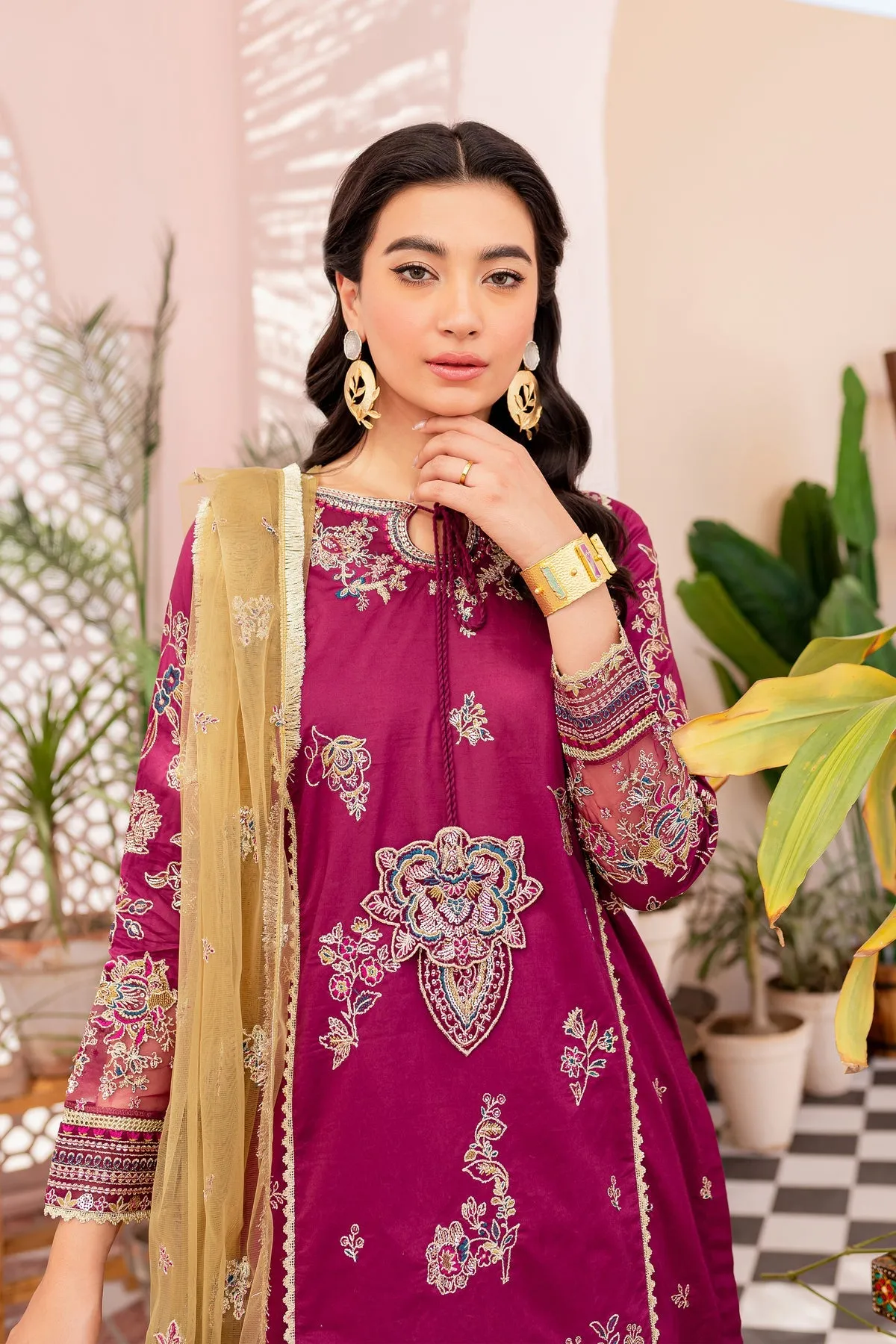 Pakistani Eid Dress in Magenta Kameez Sharara Style