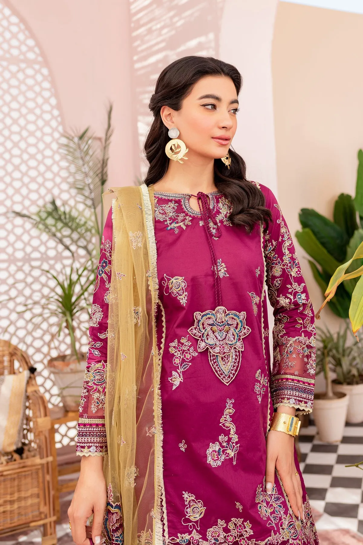 Pakistani Eid Dress in Magenta Kameez Sharara Style