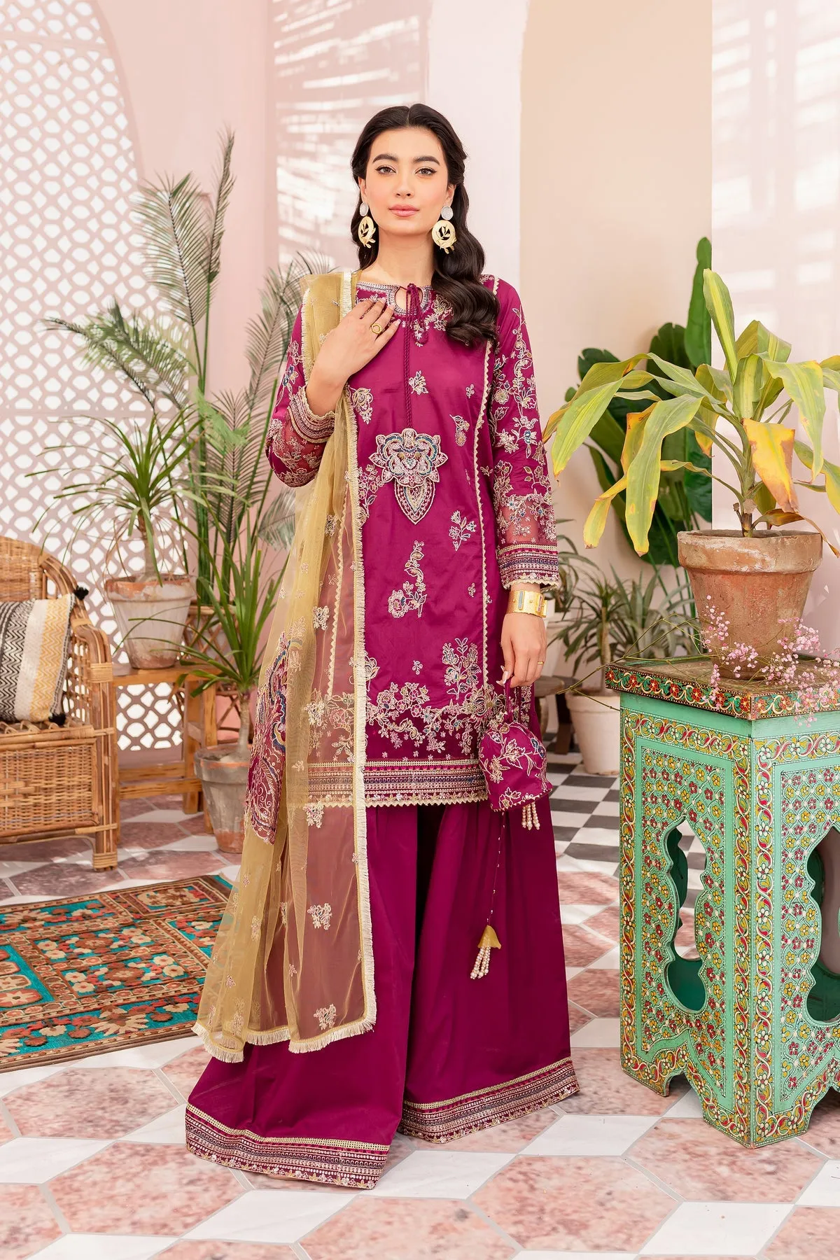Pakistani Eid Dress in Magenta Kameez Sharara Style