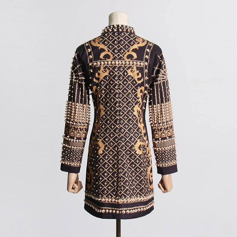 Party Turtleneck Beaded Floral Bodycon Mini Dresses