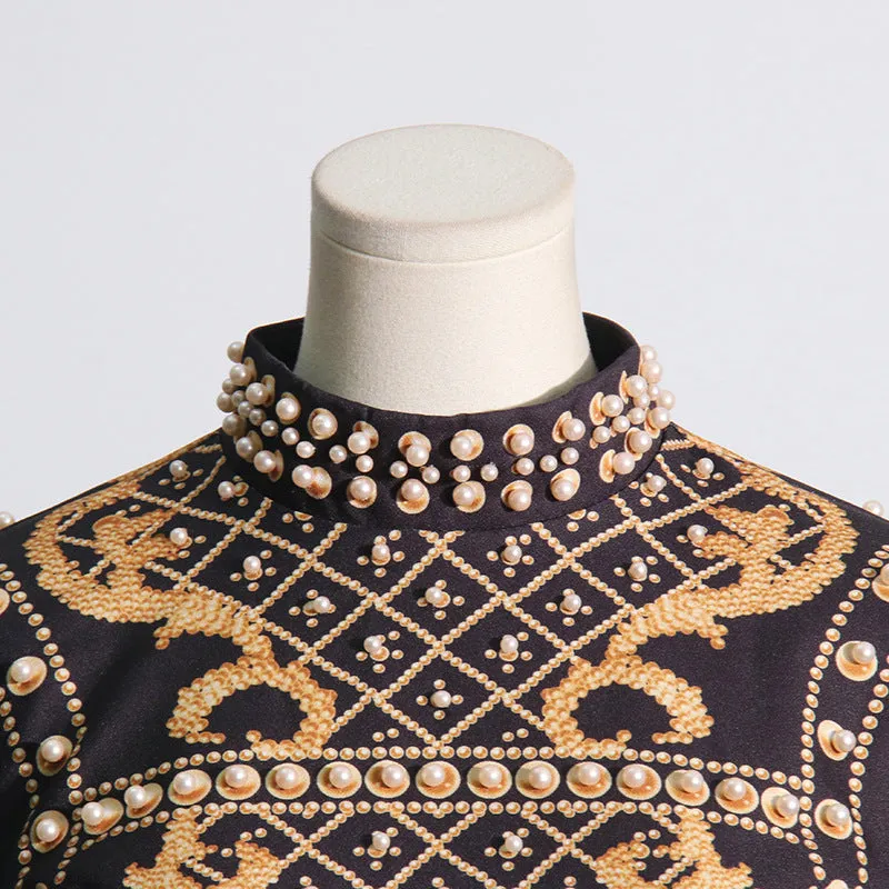 Party Turtleneck Beaded Floral Bodycon Mini Dresses