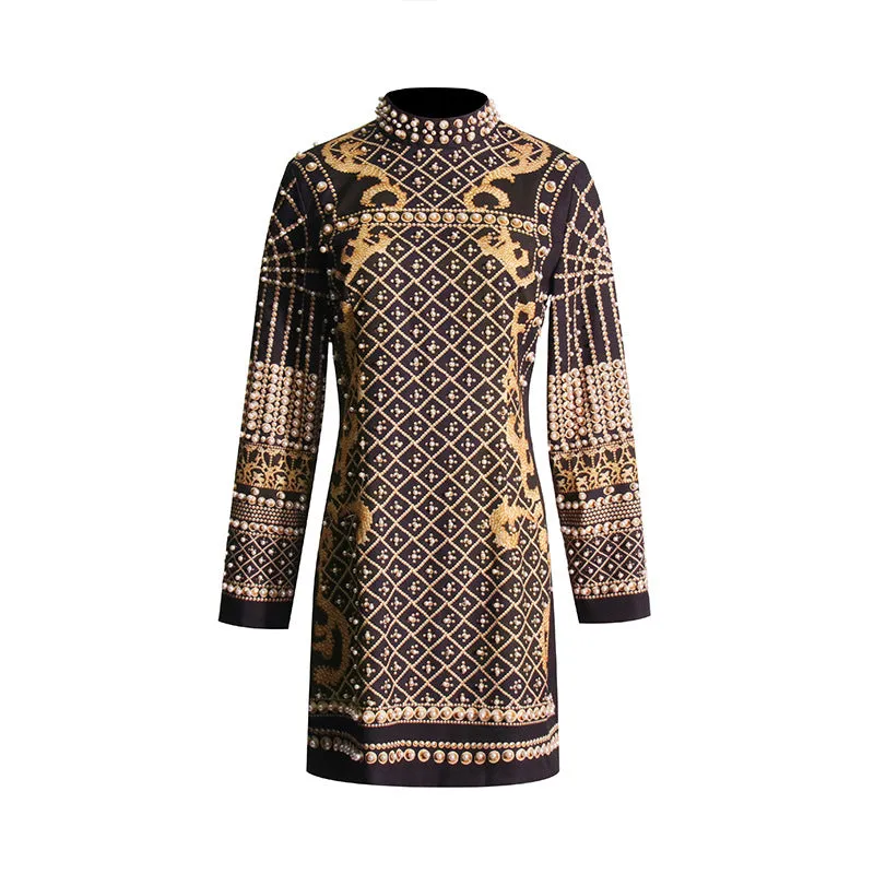 Party Turtleneck Beaded Floral Bodycon Mini Dresses