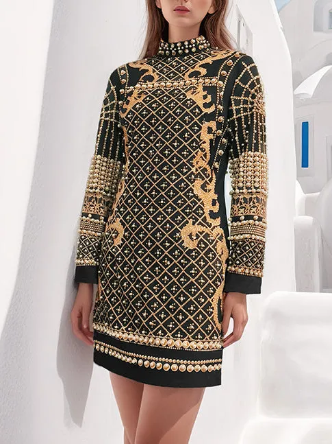 Party Turtleneck Beaded Floral Bodycon Mini Dresses