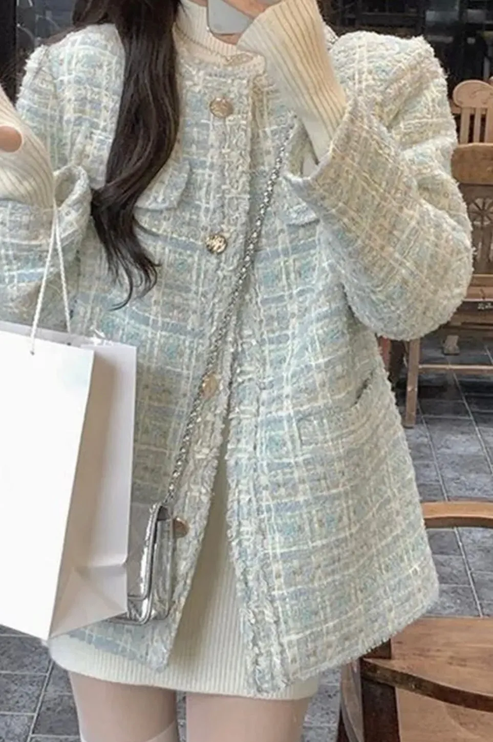 Pastel Tone Color French Style Fashion Sweet Plaid Tweed Jacket Women Luxury Coats Outwear O-Neck Elegant Lady Blazers