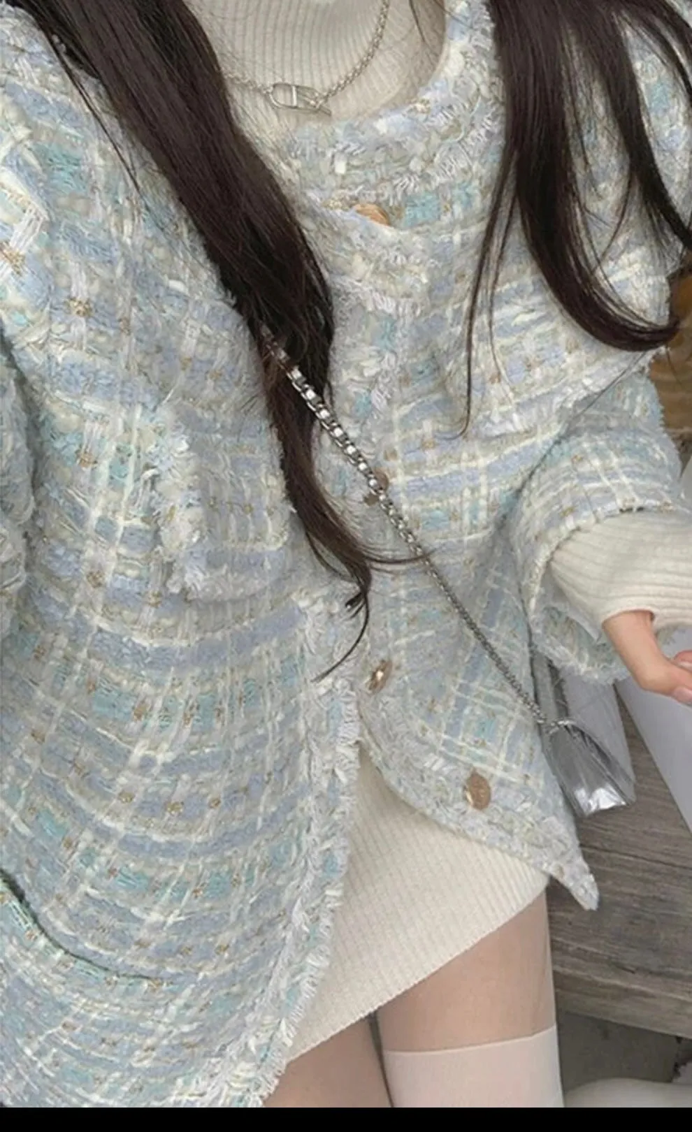 Pastel Tone Color French Style Fashion Sweet Plaid Tweed Jacket Women Luxury Coats Outwear O-Neck Elegant Lady Blazers