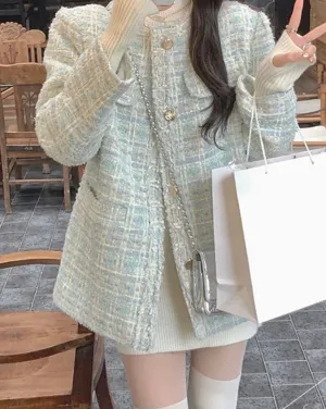 Pastel Tone Color French Style Fashion Sweet Plaid Tweed Jacket Women Luxury Coats Outwear O-Neck Elegant Lady Blazers