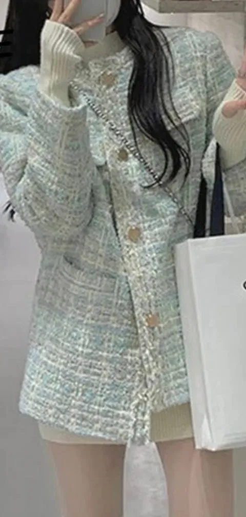 Pastel Tone Color French Style Fashion Sweet Plaid Tweed Jacket Women Luxury Coats Outwear O-Neck Elegant Lady Blazers