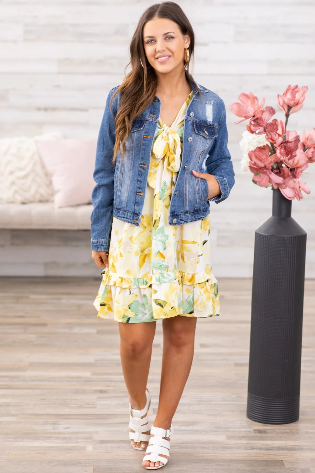 Pastel Yellow Floral Smocked Waist Dress