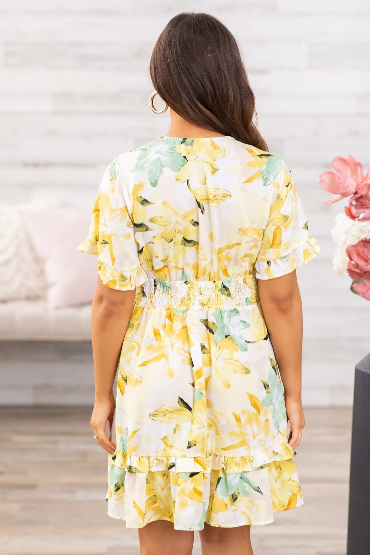 Pastel Yellow Floral Smocked Waist Dress