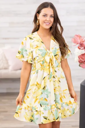 Pastel Yellow Floral Smocked Waist Dress