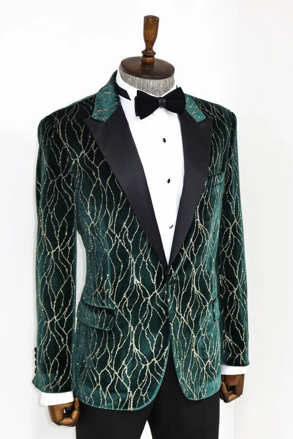 Patterned Dark Green Men Prom Blazer - Wessi