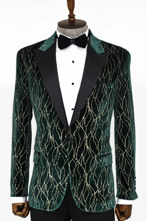 Patterned Dark Green Men Prom Blazer - Wessi