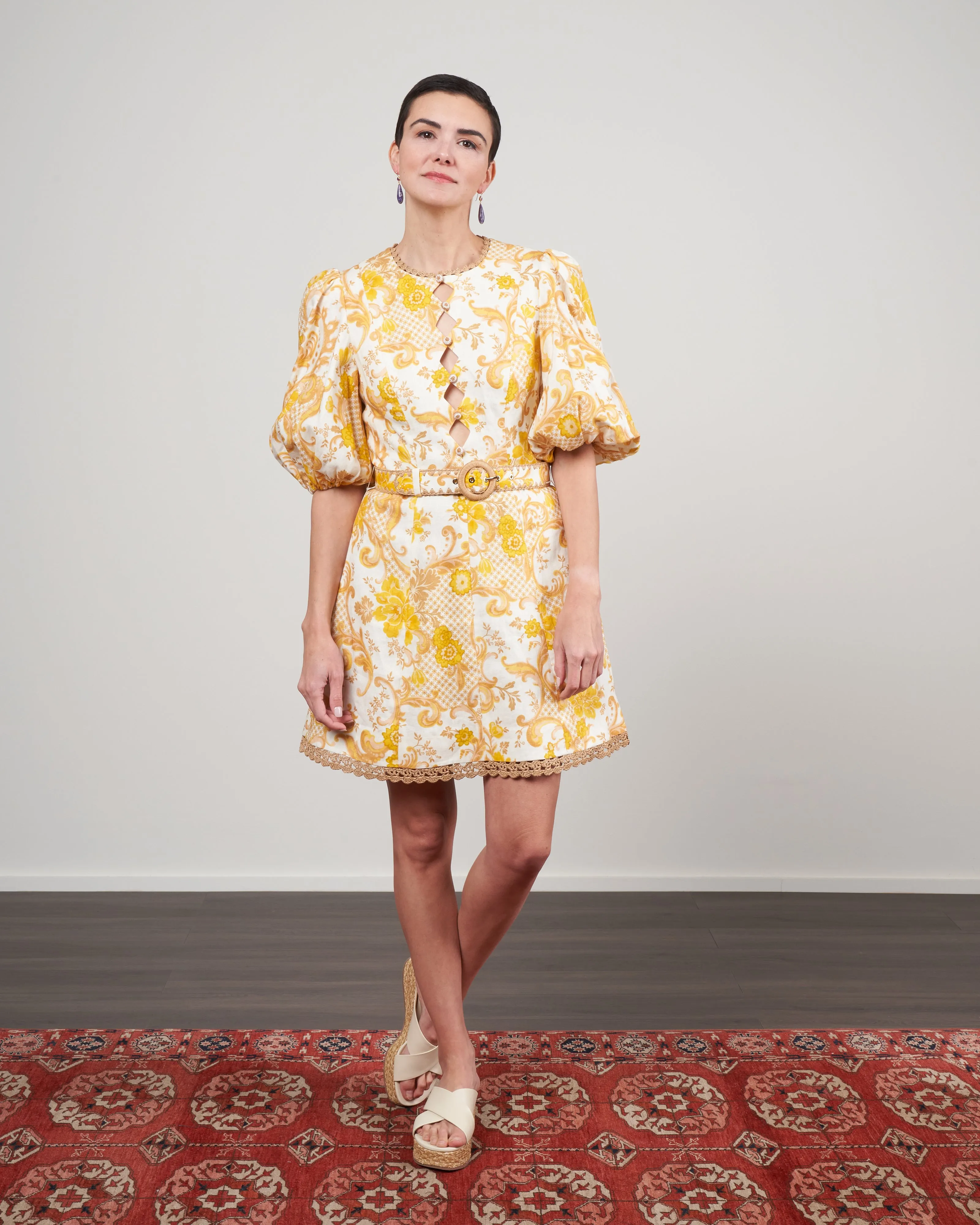 postcard mini dress - swirl floral yellow