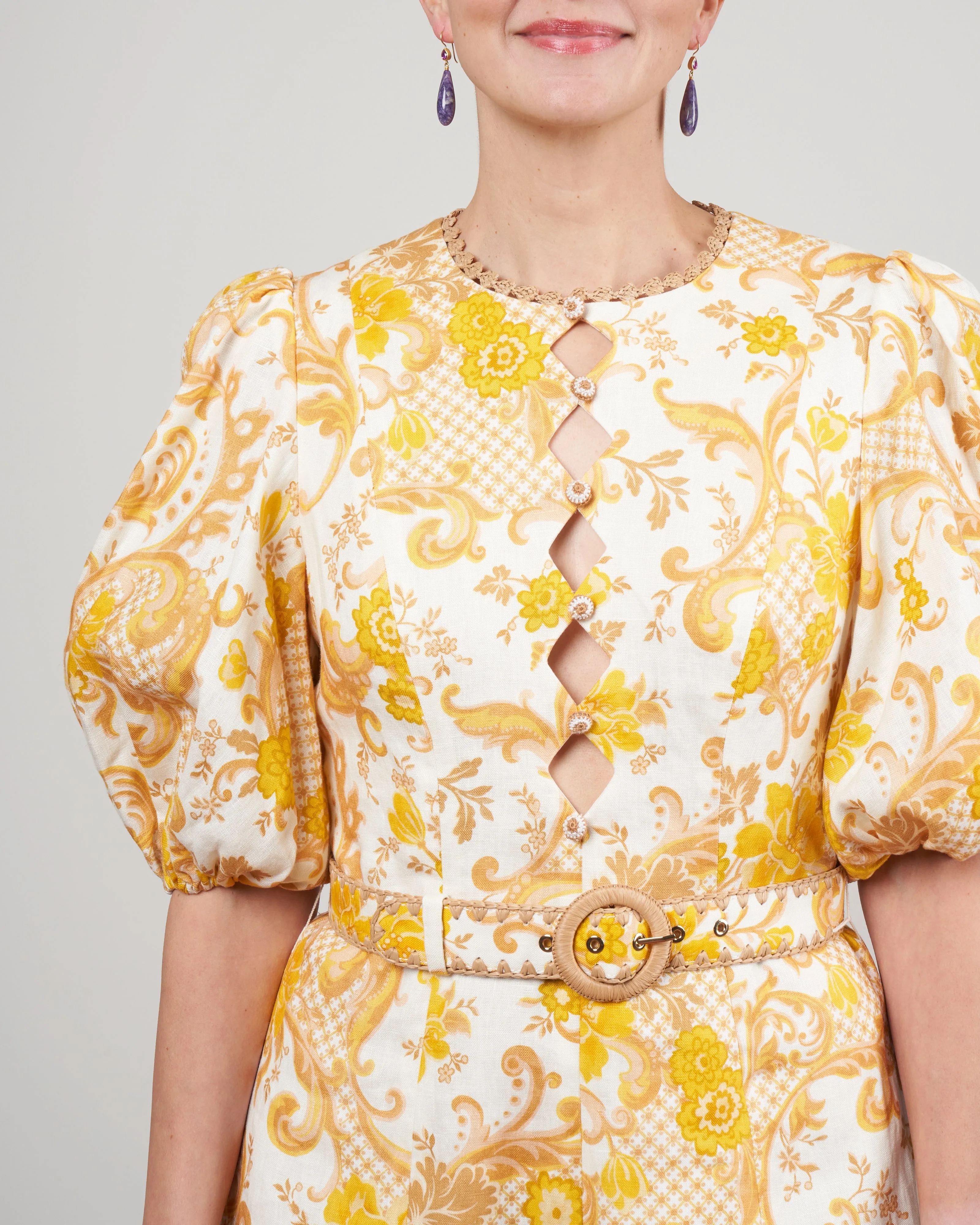 postcard mini dress - swirl floral yellow