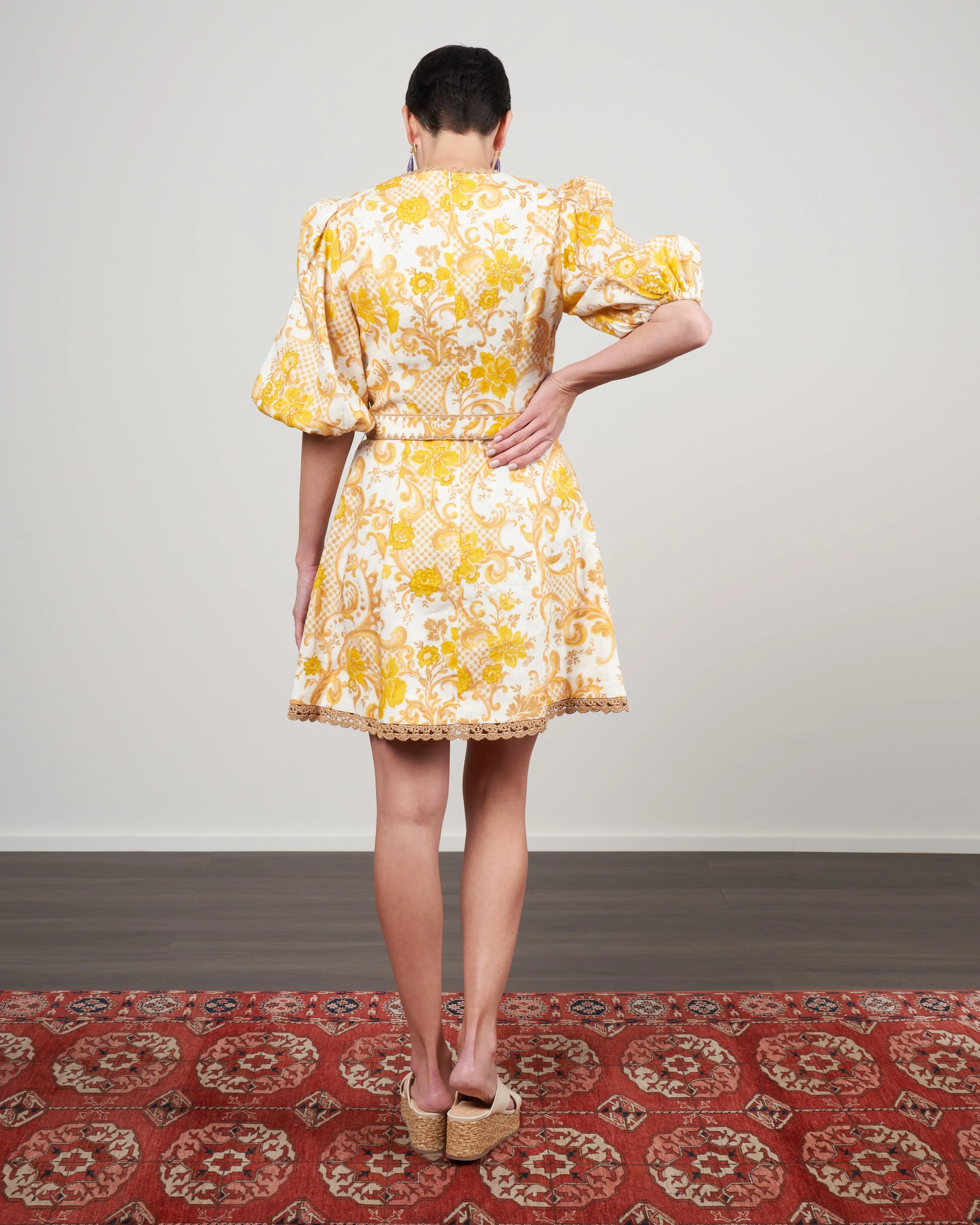 postcard mini dress - swirl floral yellow